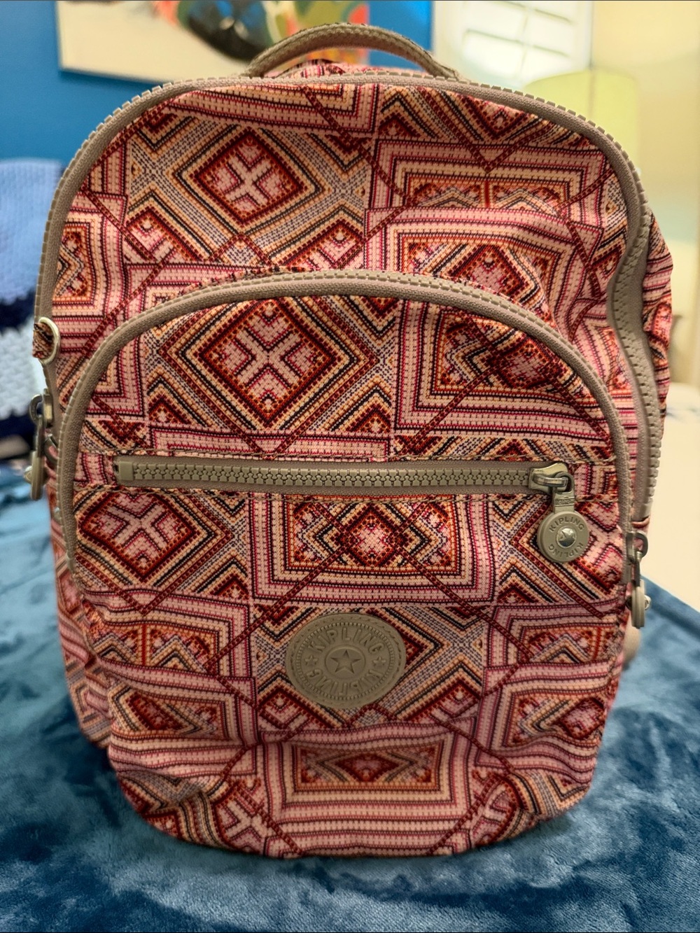Kipling Mini Backpack in Pink Geometric Pattern